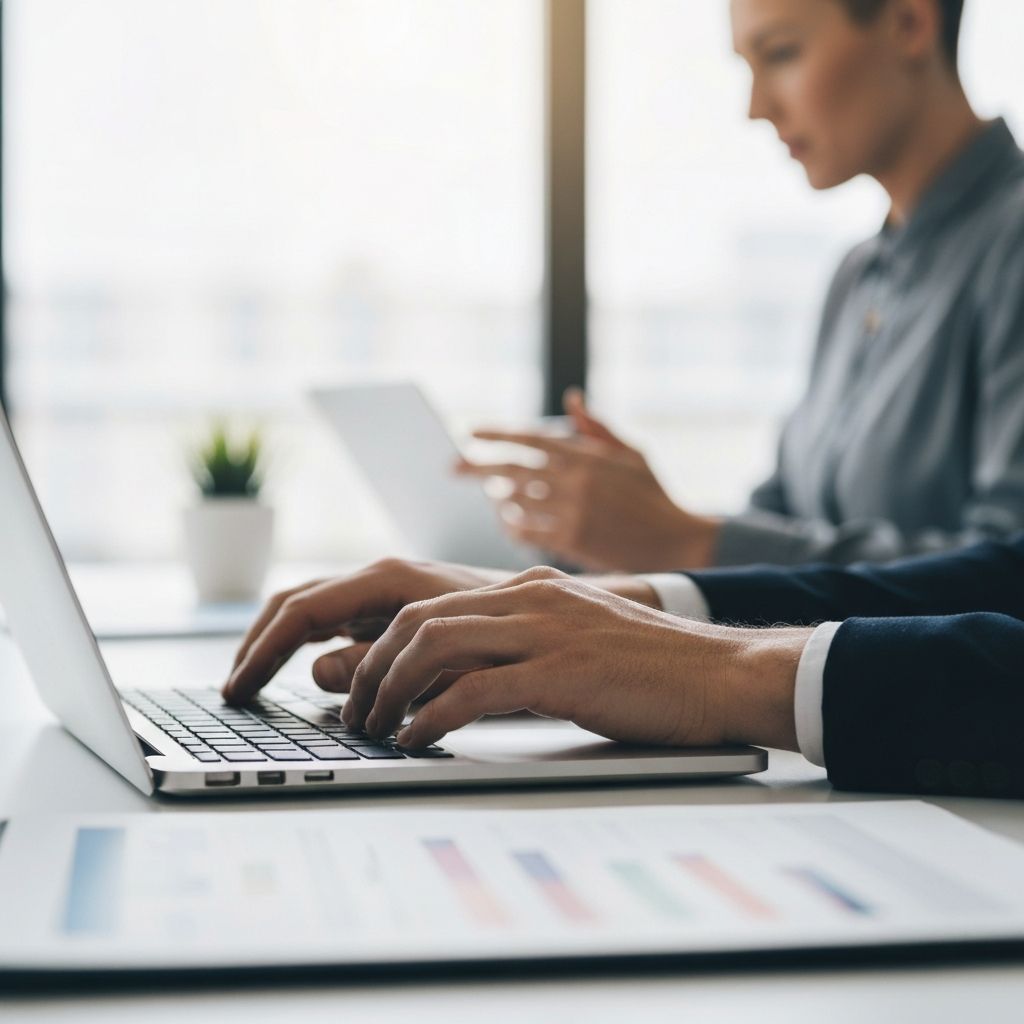 Professional hands on laptop keyboard in modern office