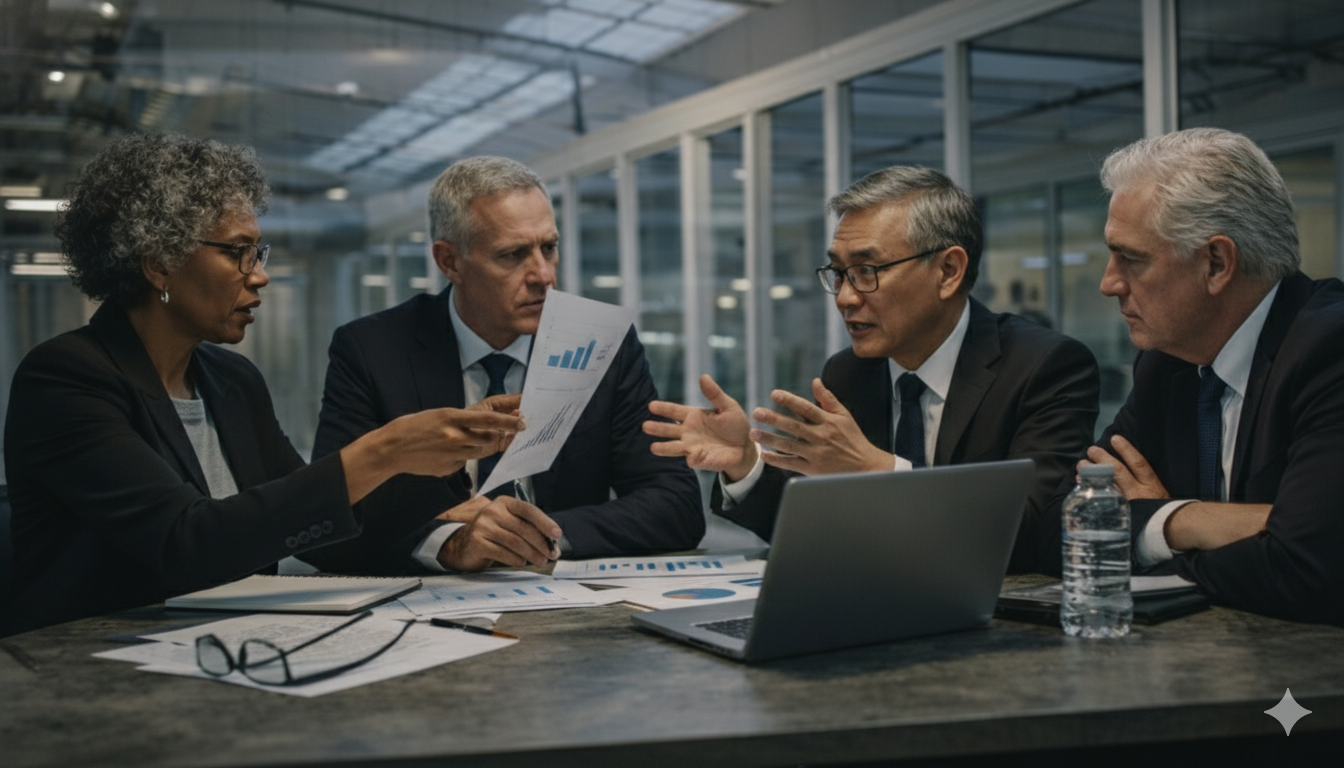Executive team meeting with laptops and documents
